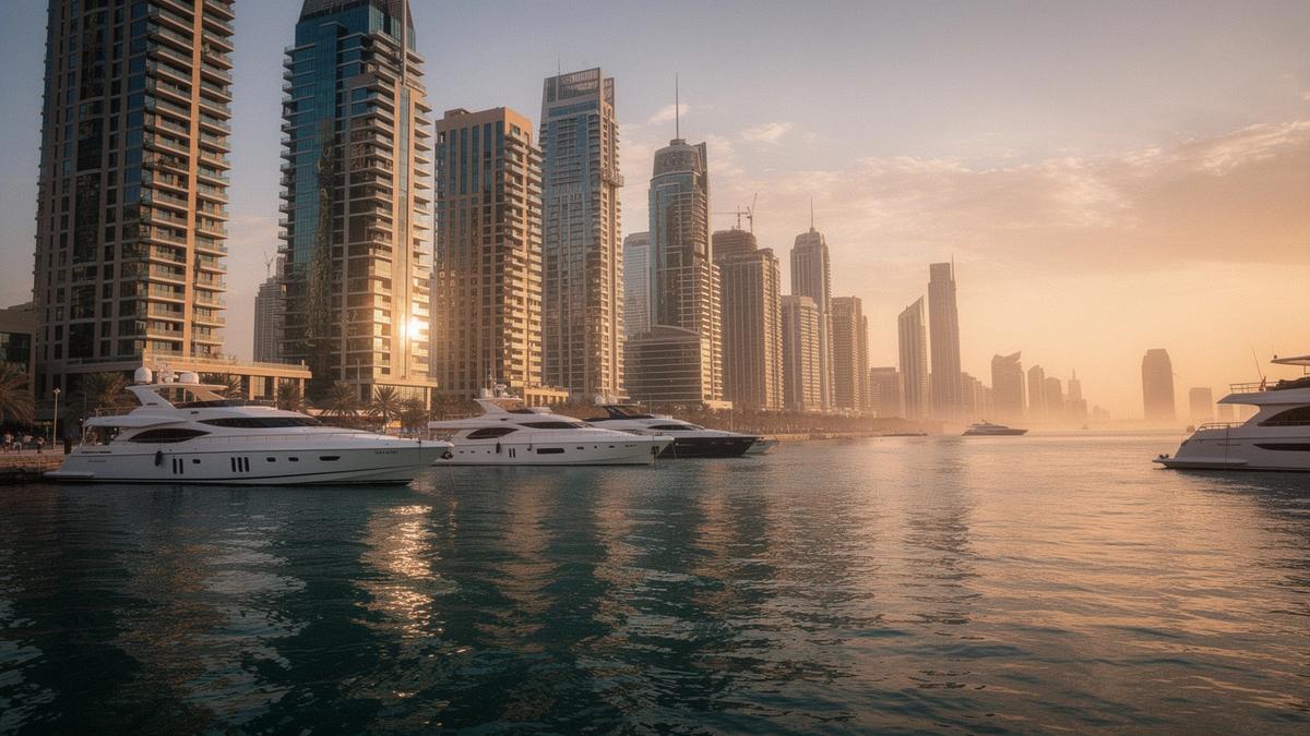 Dubai skyline and marina at sunset in the United Arab Emirates