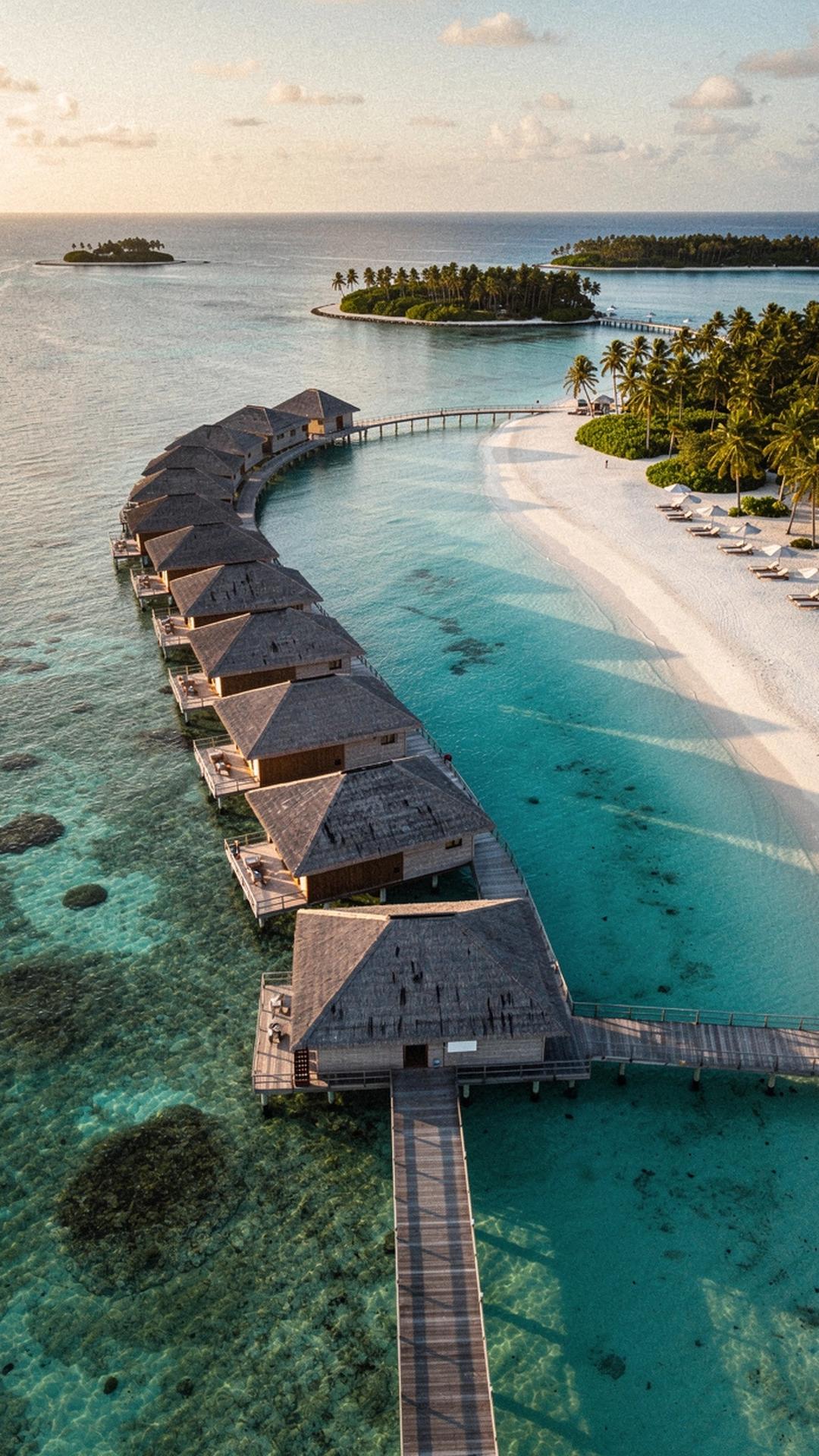 Aerial view of Maldives overwater villas along a jetty over a turquoise lagoon