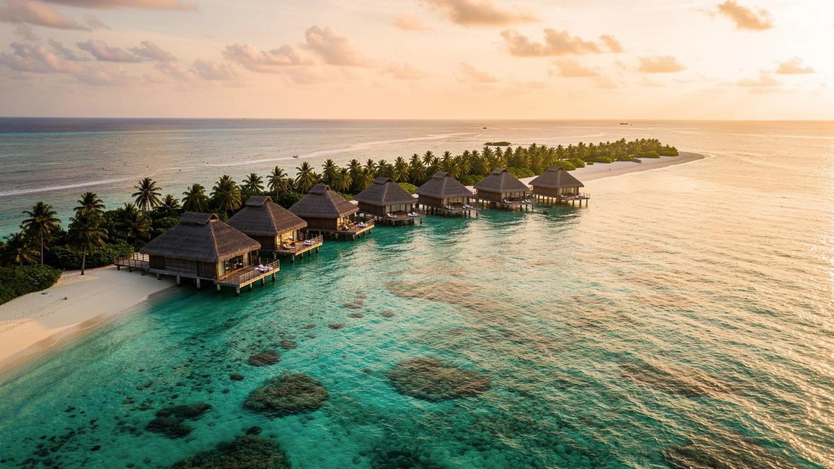 Overwater villas above a turquoise lagoon on a Maldives atoll