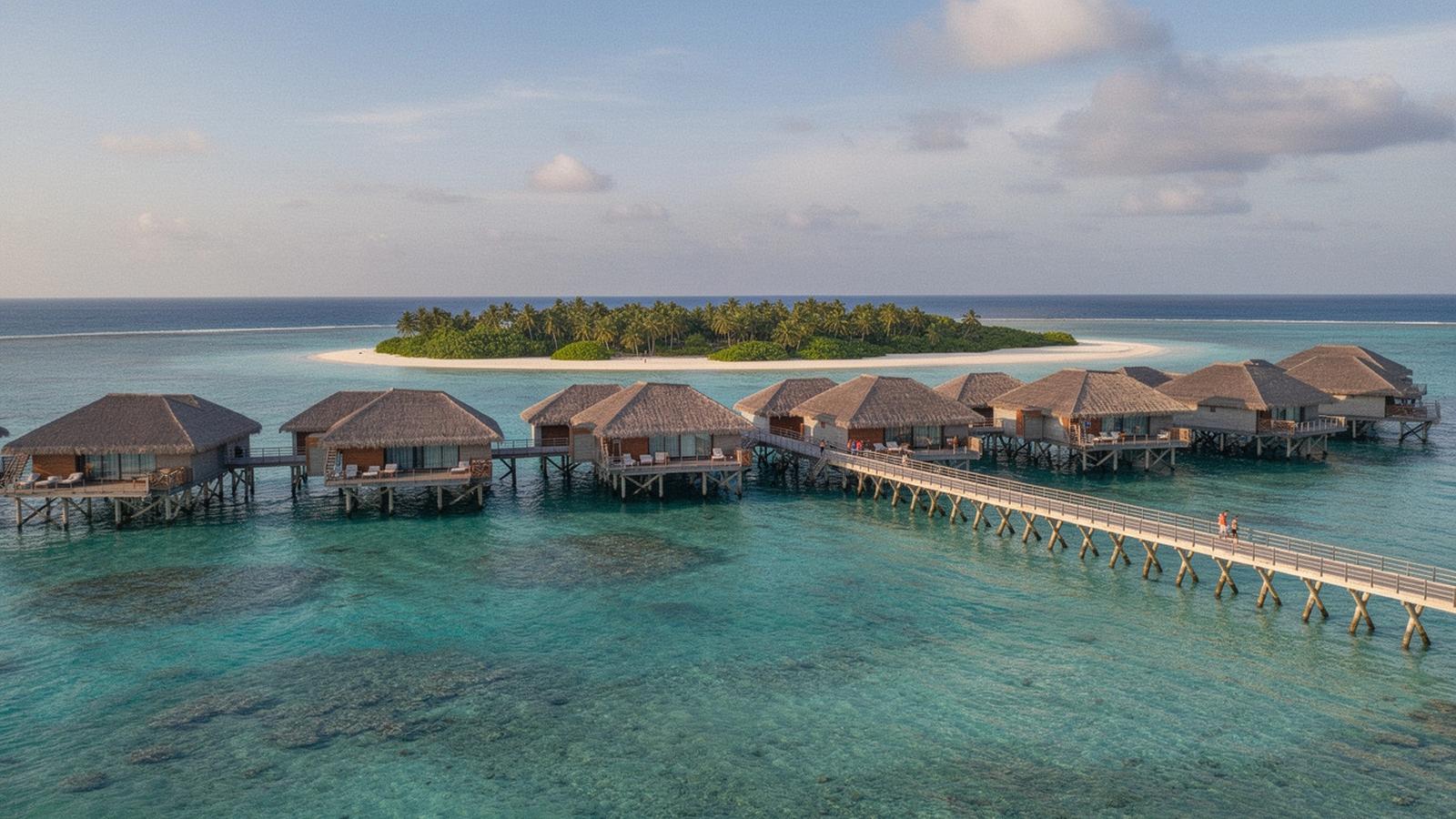 Overwater villas on stilts above a turquoise lagoon in the Maldives at sunset