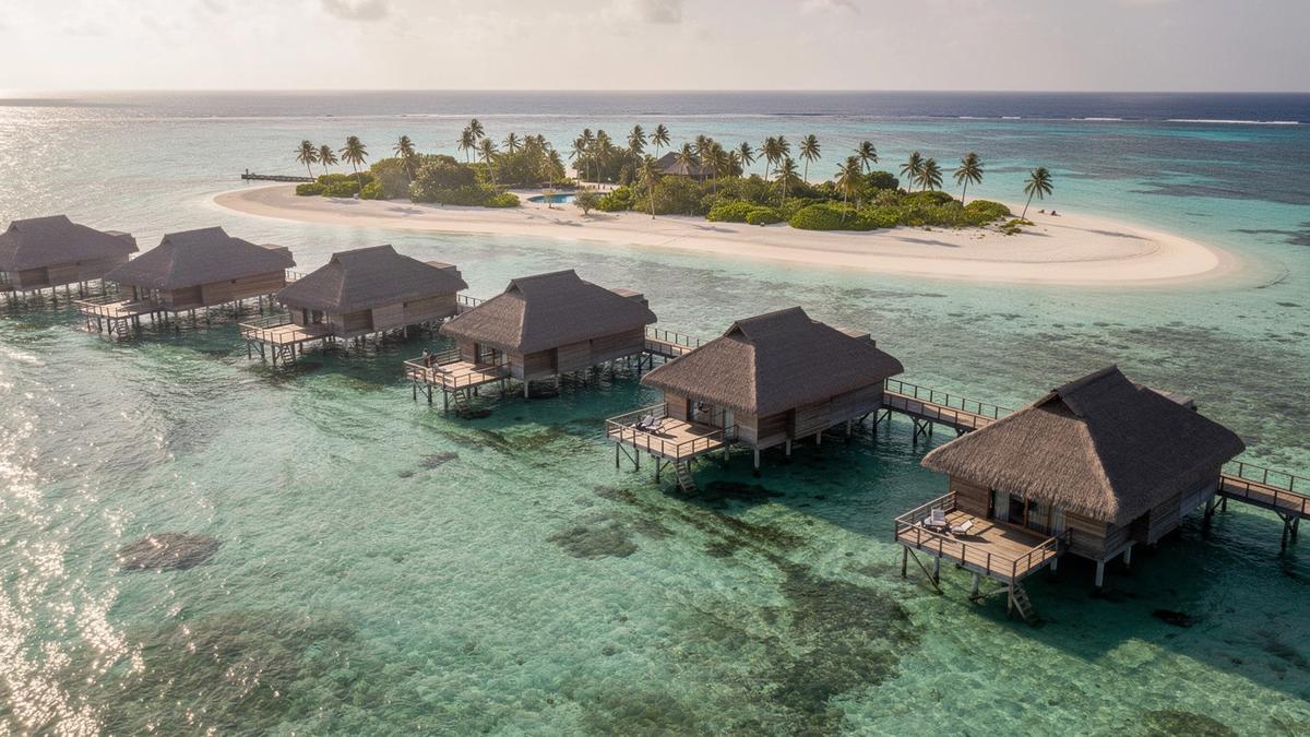 Overwater villas above a clear Maldives lagoon