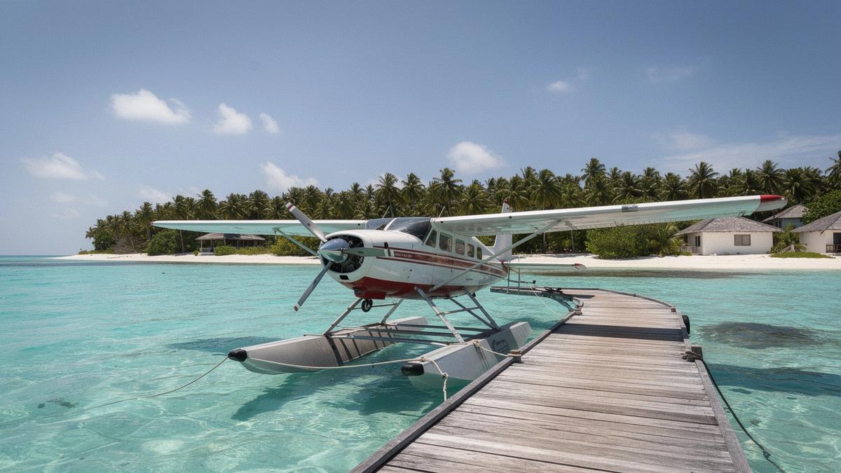 Seaplane docked at a turquoise lagoon in the Maldives