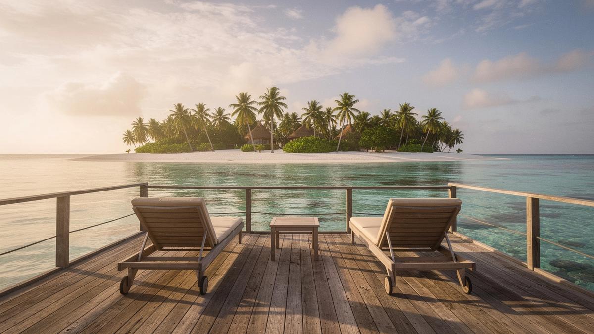 Wooden deck of an overwater villa above a turquoise Maldives lagoon at sunset