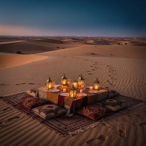 Private dune dinner setup in the Dubai Desert Conservation Reserve at dusk