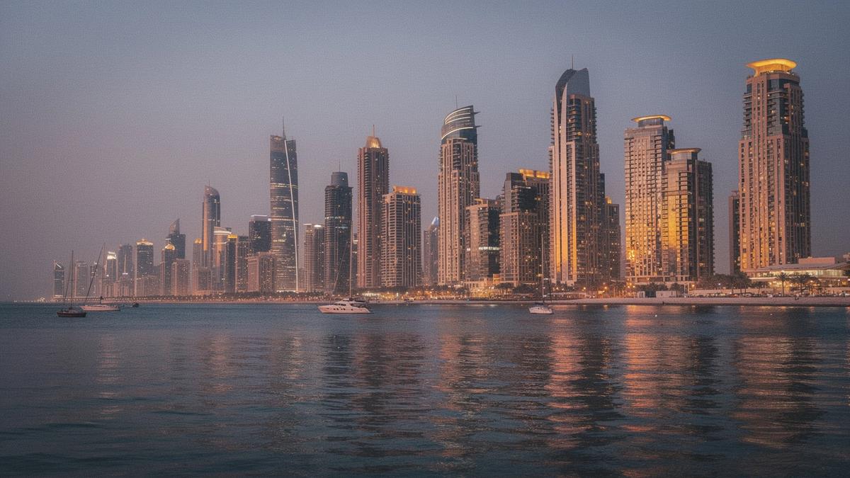 Dubai Marina skyline at dusk with lit towers reflected in calm water