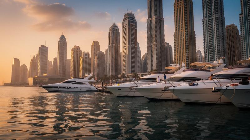 Dubai Marina towers at sunset seen from the water