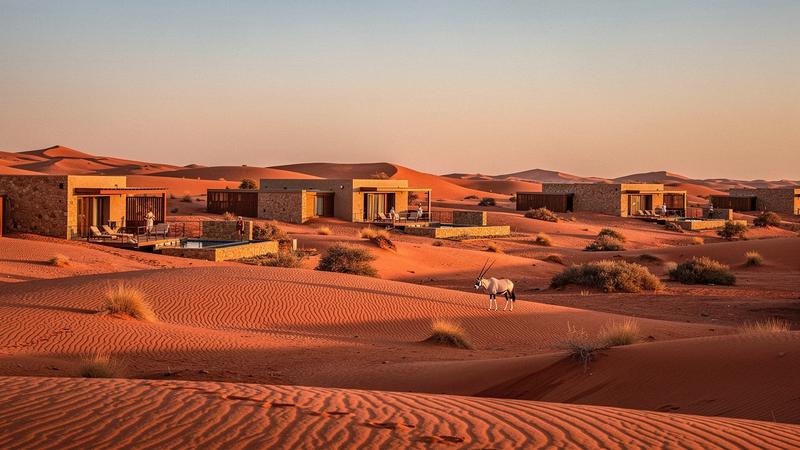 Desert villas and dunes in the Al Wadi reserve at golden hour