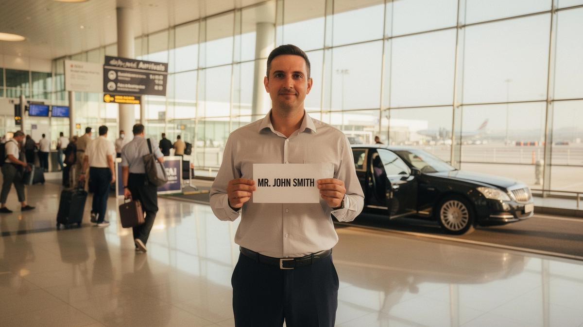 Driver holding a name sign beside a black sedan outside Dubai International Airport arrivals