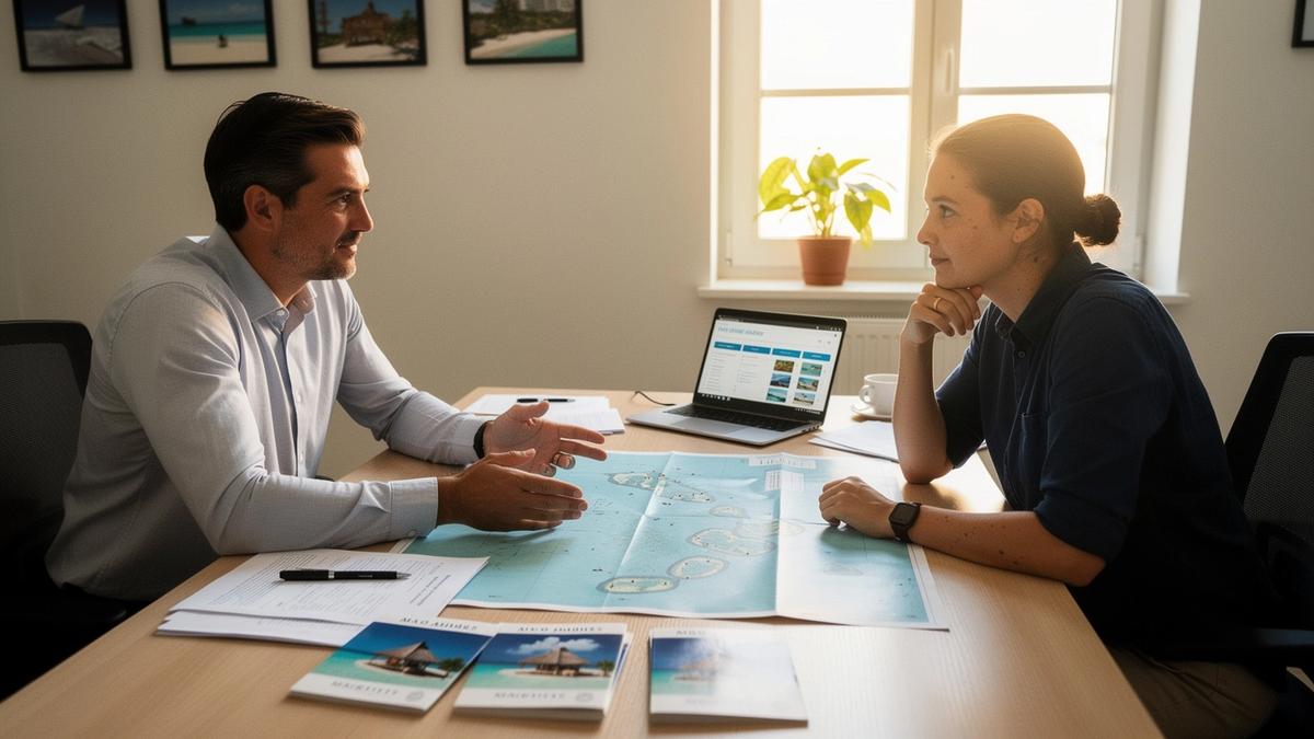 Travel consultant comparing Maldives resort plans with a client at a desk